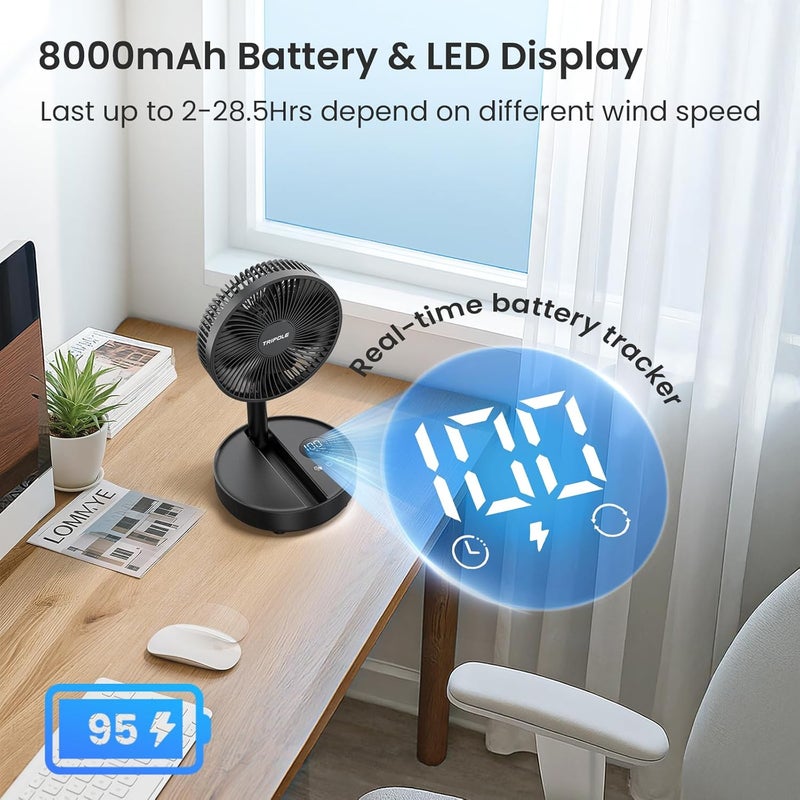 TriPole Portable Standing Fan, 8000mAh Rechargeable Oscillating Fan with Remote, 8.1'' Quiet Pedestal Floor Fan with LED Display & Timer, Foldable Small Desk Fans for Bedroom, Office, Camping, Travel - Image 2